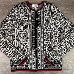 Casual Corner Black & Ivory Nordic Merino Wool Cardigan Size Small